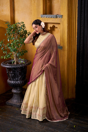 Designer haldi lehenga saree with zari weaving
