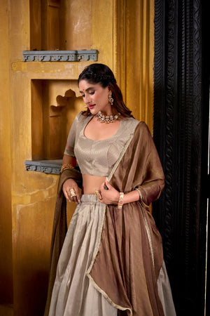 South Indian style half saree beige brown dupatta
