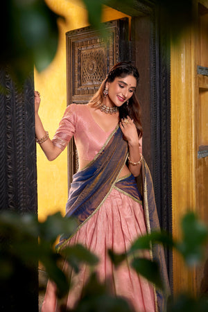 Blush pink lehenga saree with contrast navy blue dupatta
