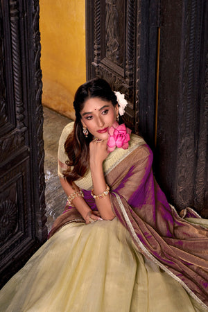 South Indian style half saree yellow mauve dupatta
