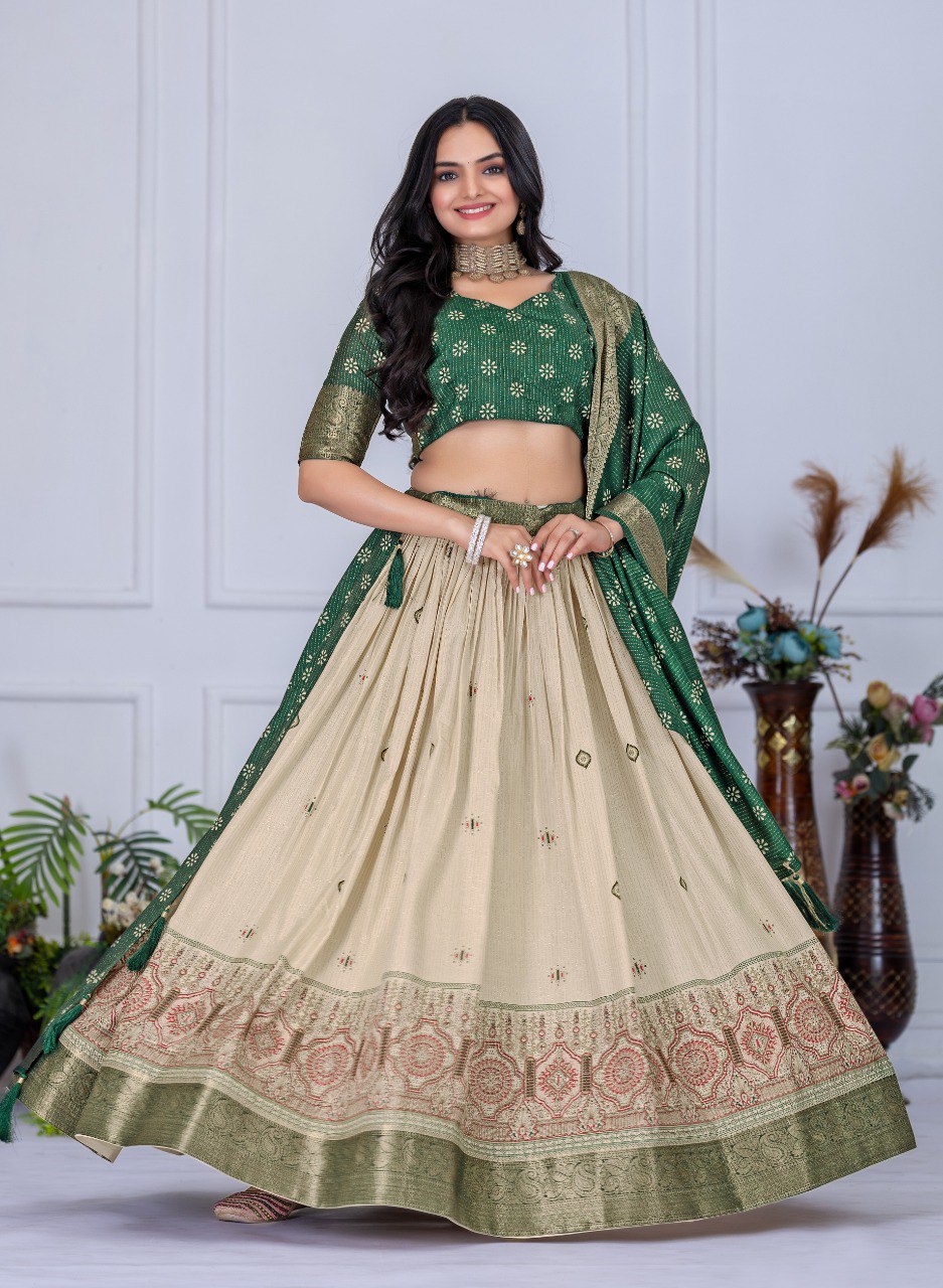 Green Lichi Silk Lehenga with Jacquard Border and Jari Lining Print by The Beauty Queen Surat