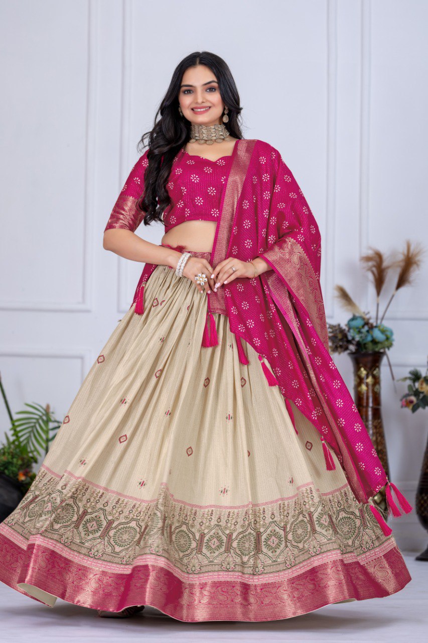 Pink Lichi Silk Lehenga with Jacquard Border and Jari Lining Print by The Beauty Queen Surat