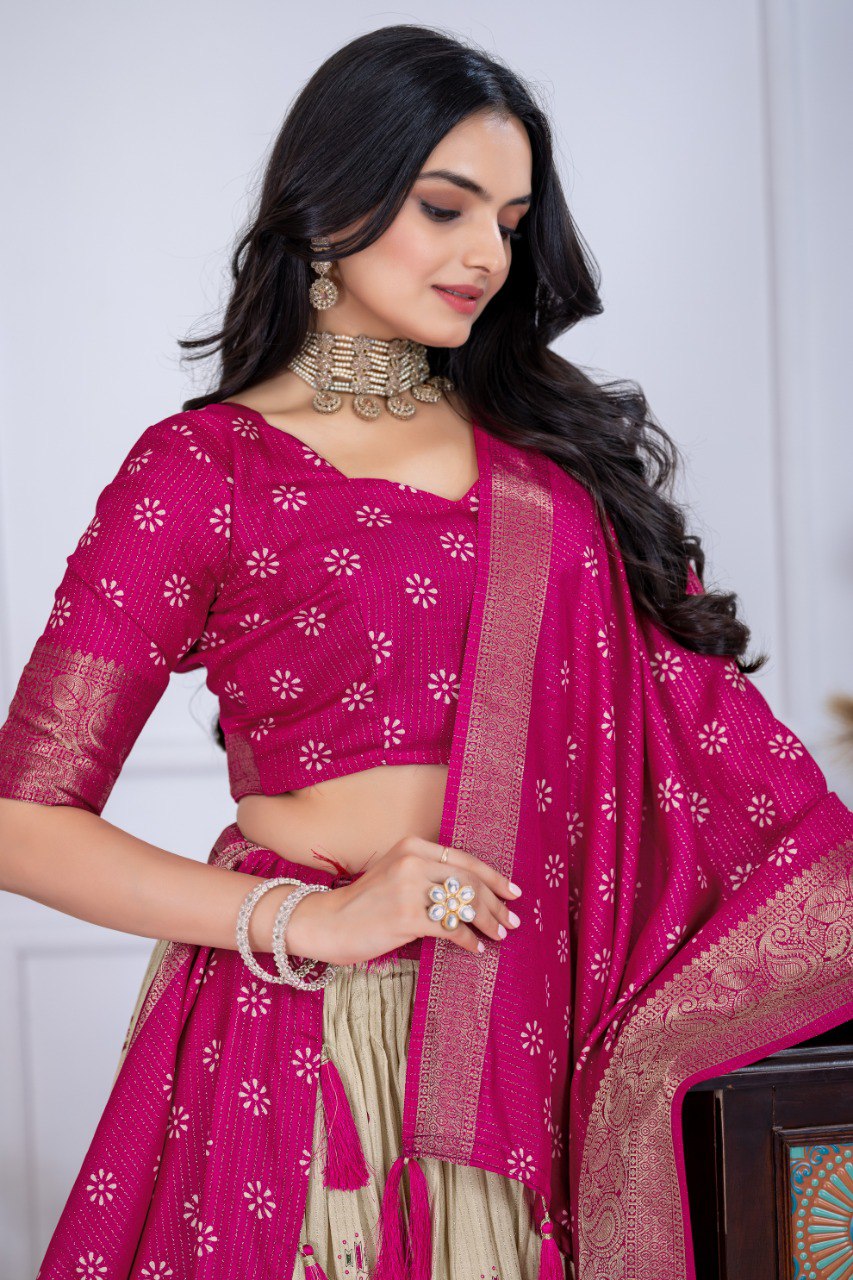 Pink Lichi Silk Lehenga – Traditional Jacquard Border & Jari Lining with Designer Print Set
