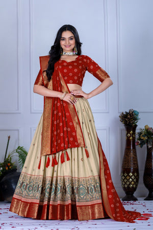 Red Lichi Silk Lehenga with Jacquard Border and Jari Lining Print by The Beauty Queen Surat