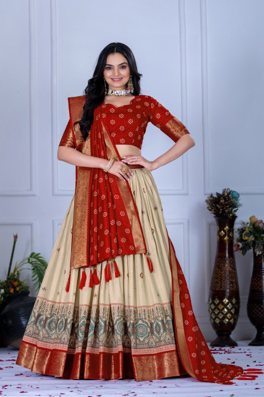 Red Lichi Silk Lehenga with Jacquard Border and Jari Lining Print by The Beauty Queen Surat