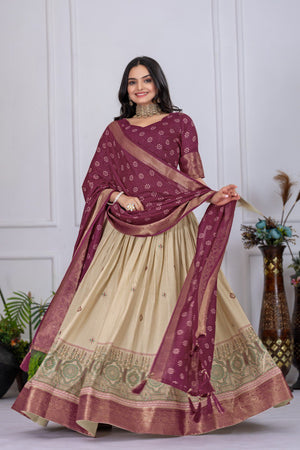 Wine Lichi Silk Lehenga with Jacquard Border and Jari Lining Print by The Beauty Queen Surat