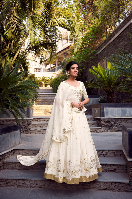 Off White Silver Glosy Sequins and Embroidery with Foil Work Lehenga Choli