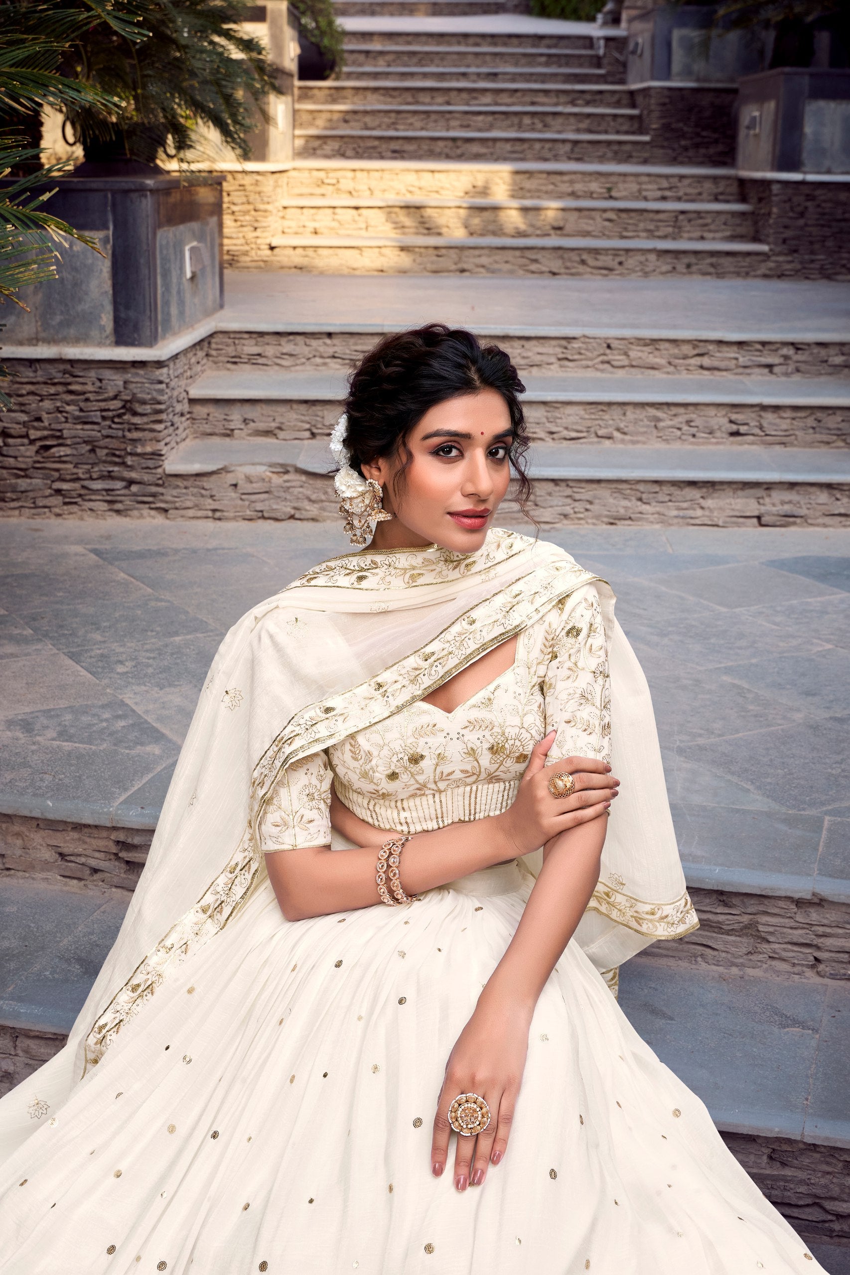 Off White Silver Glosy Sequins and Embroidery with Foil Work Lehenga Choli