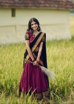 Magenta Wine Kanjivaram Silk Half Saree with Black Contrast Gold Zari Weaving Border by The Beauty Queen Surat