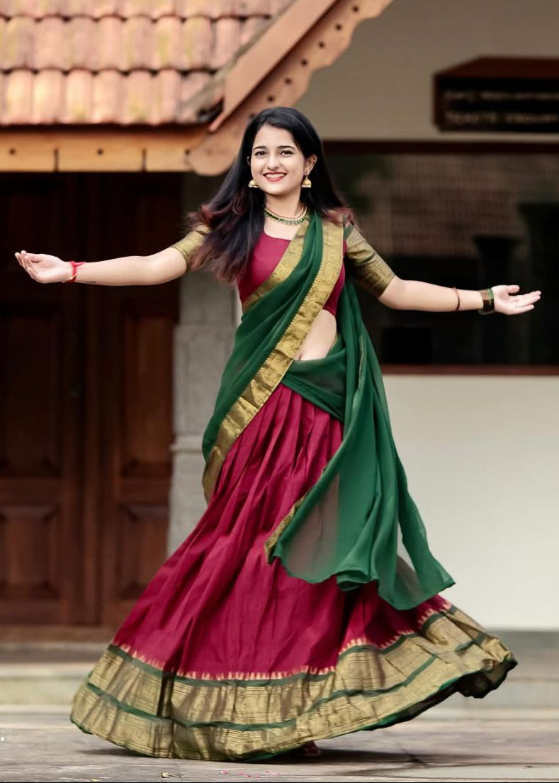 Wine & Bottle Green Kanjivaram Silk Half Saree – Traditional Zari Weaving Langa Voni Set