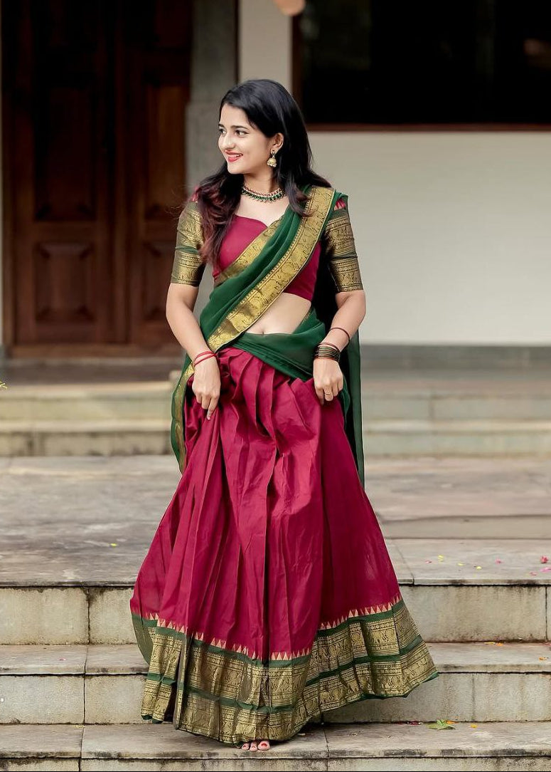 Wine Kanjivaram Silk Half Saree with Bottle Green Contrast Gold Zari Weaving Border by The Beauty Queen Surat