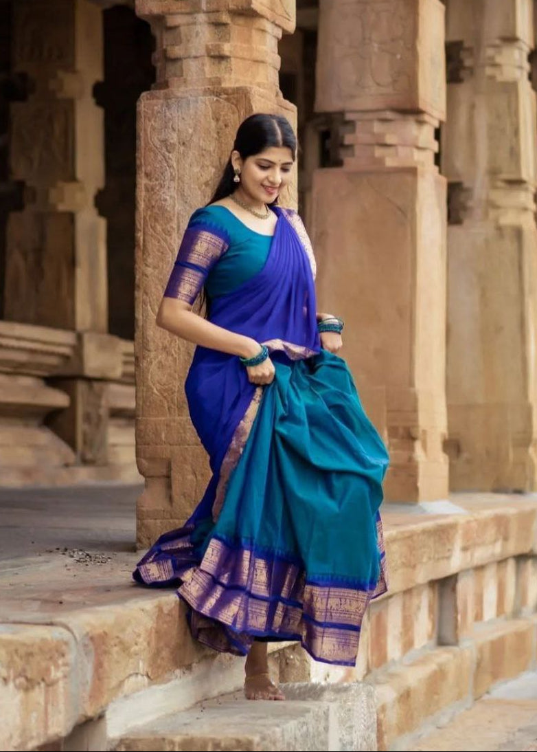 Rama Blue Kanjivaram Silk Half Saree with Royal Blue Dupatta and Gold Zari Weaving Work by The Beauty Queen Surat