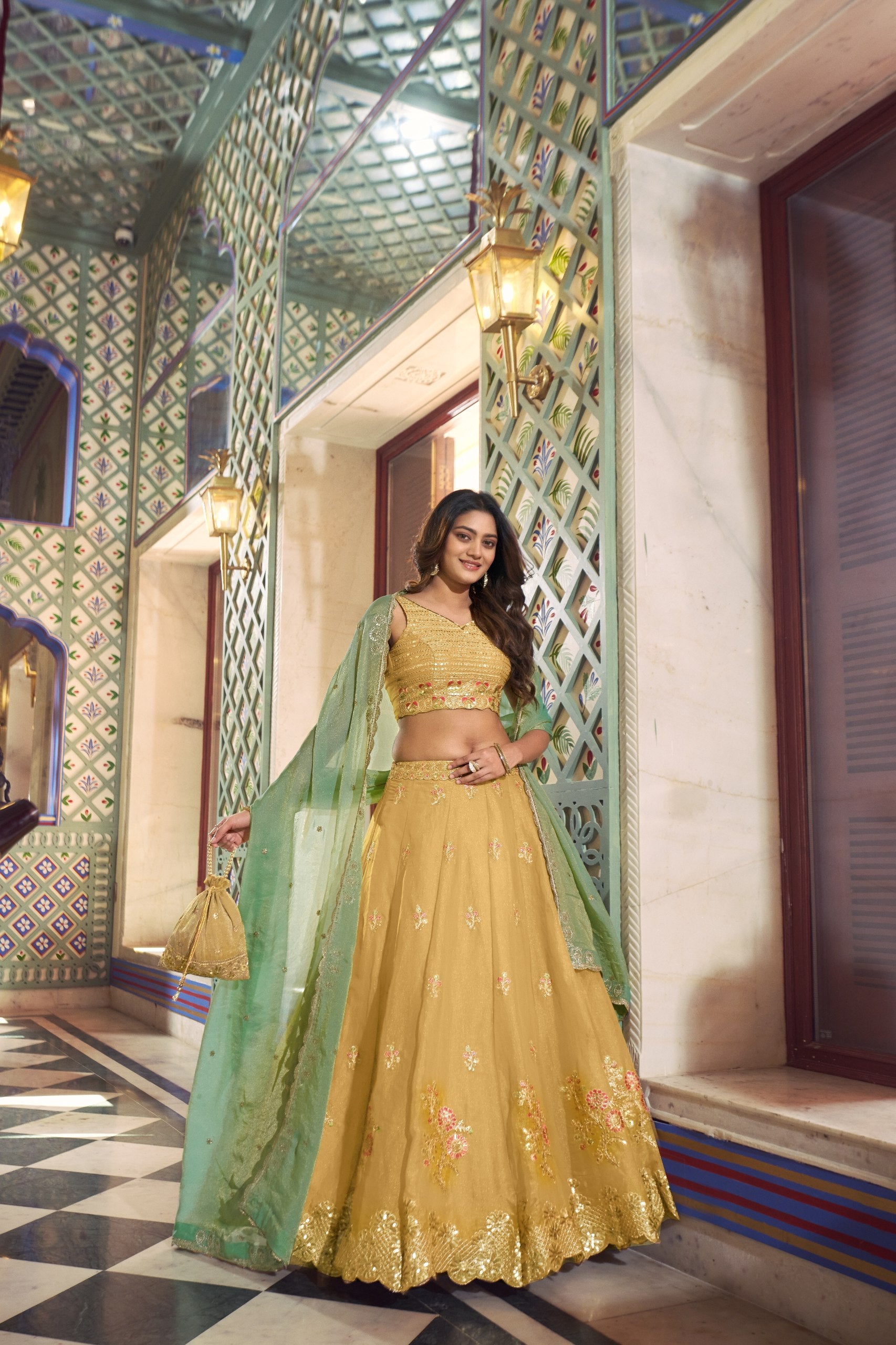 Mehendi haldi lehenga choli mustard yellow green dupatta
