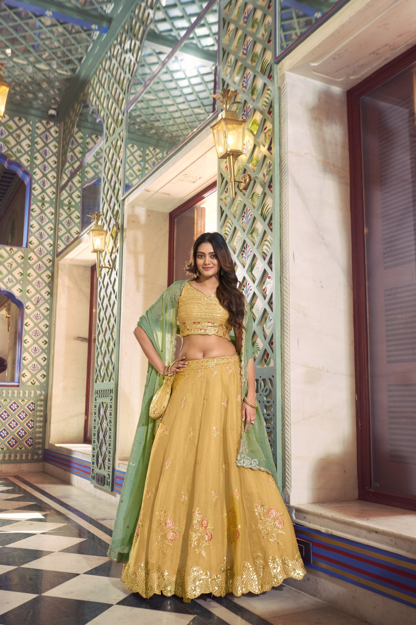 Designer moss silk lehenga with sequins thread work

