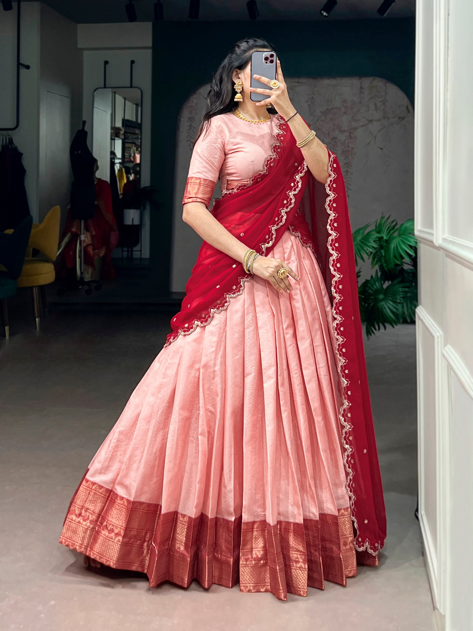 South Indian style half saree blush pink red embroidered dupatta
