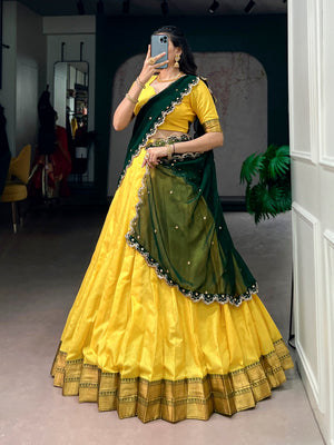 Designer haldi yellow lehenga saree with zari weaving
