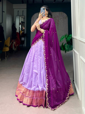 South Indian style half saree lilac wine embroidered dupatta
