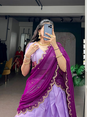 Pastel purple lehenga saree with contrast wine dupatta
