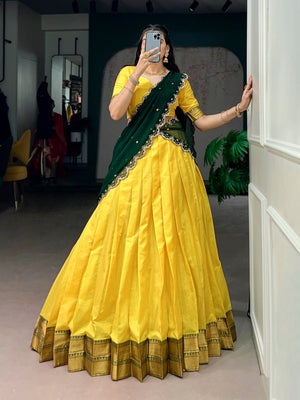 Yellow and green half saree lehenga cotton silk zari weaving
