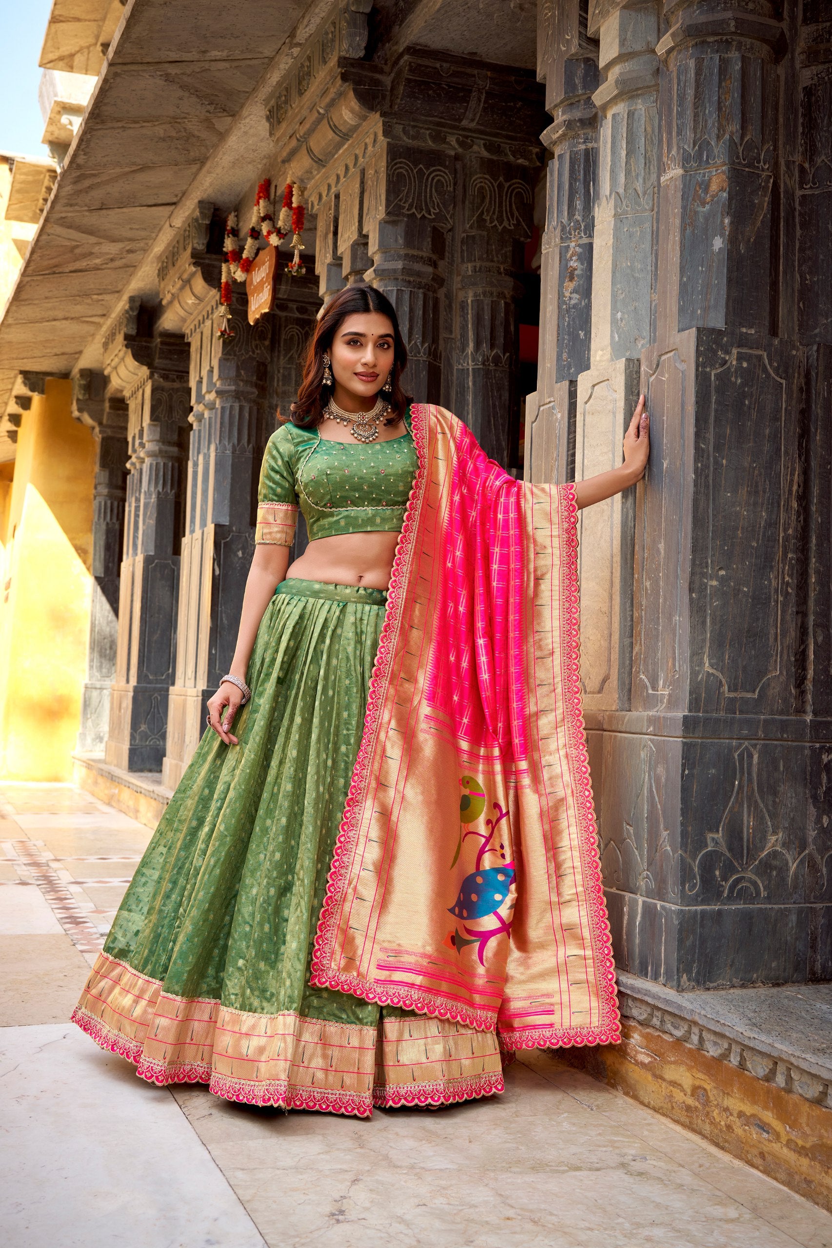 Green Simmer Organza Lehenga Choli with Zari Weaving & Lace Border – Designer Wedding & Festive Wear Lehenga
