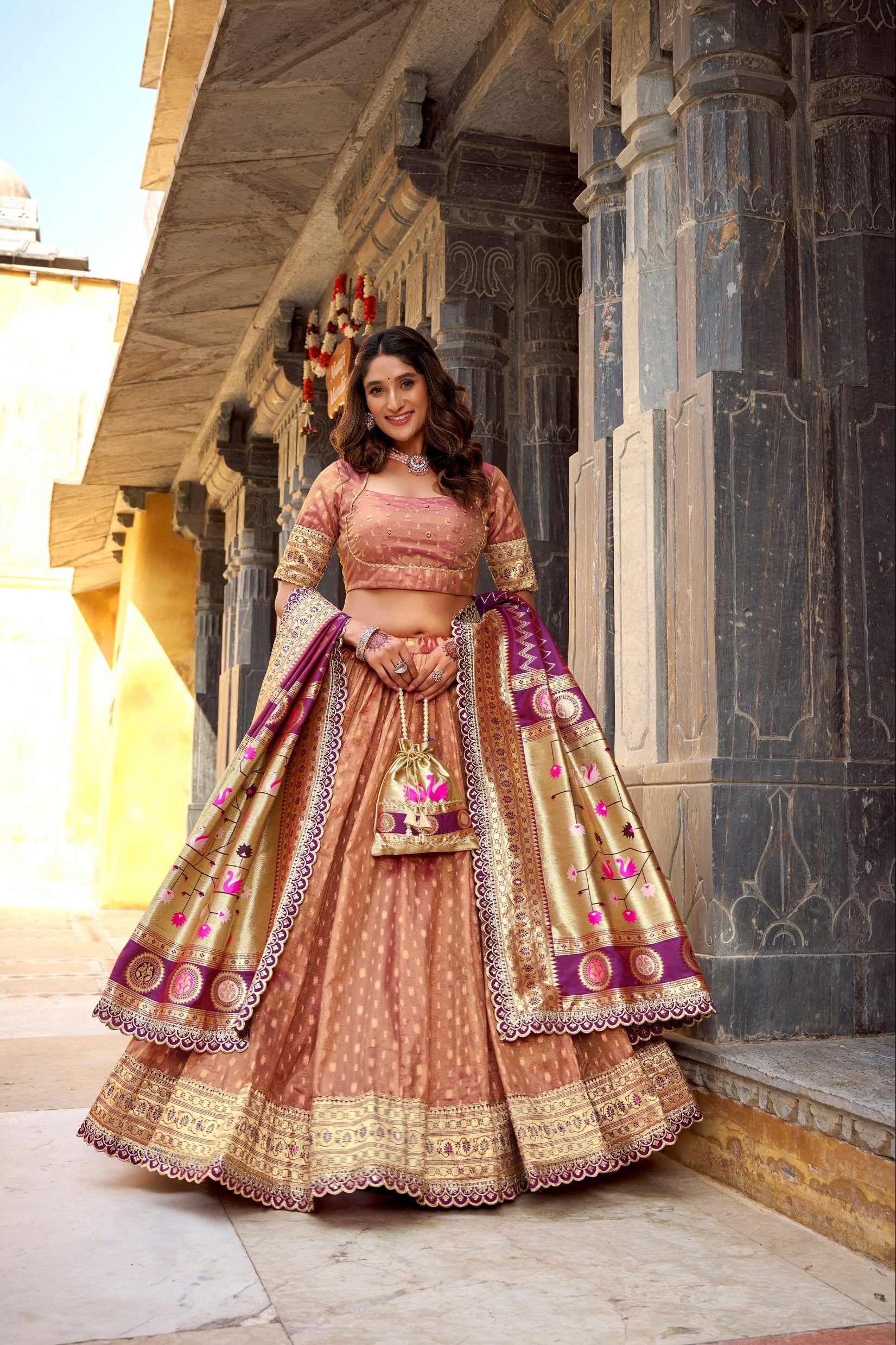 Peach Simmer Organza Lehenga Choli with Zari Weaving & Lace Border – Designer Wedding & Festive Wear Lehenga