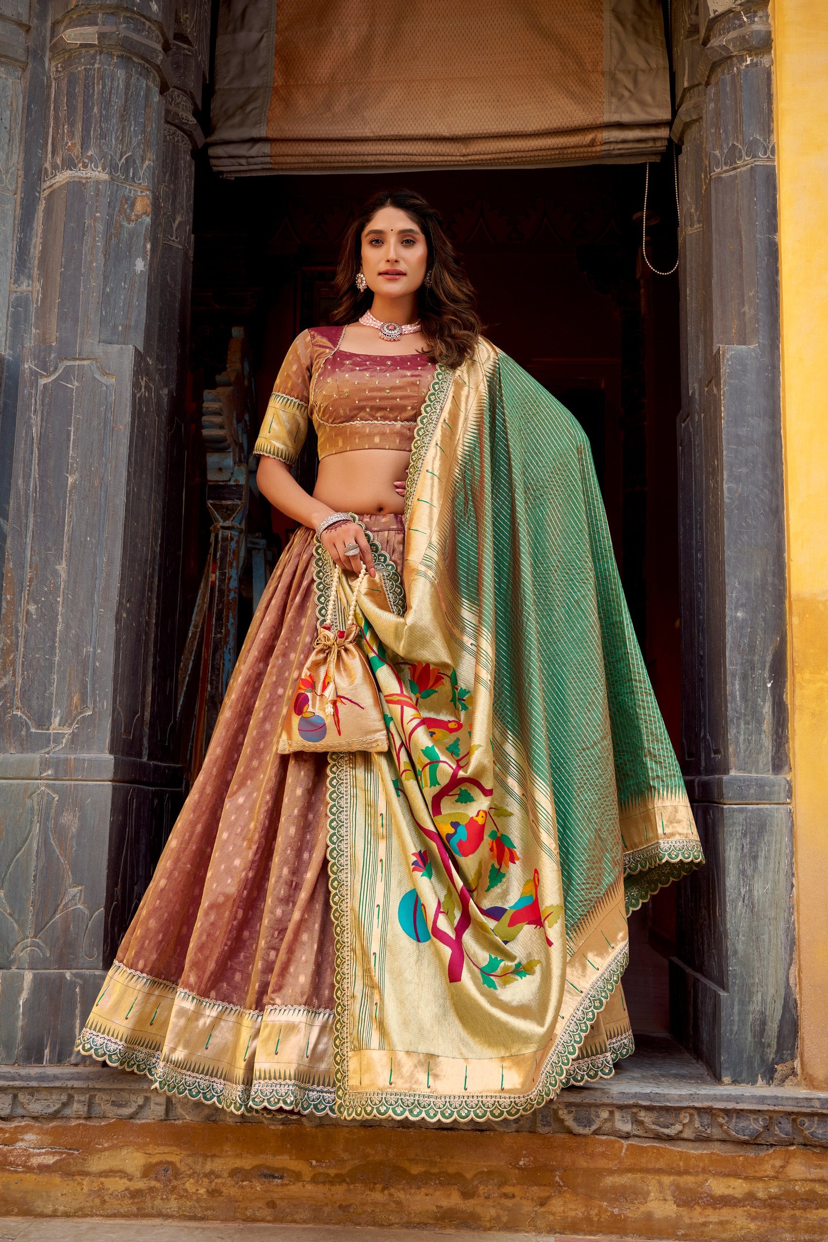 Brown Simmer Organza Lehenga Choli with Zari Weaving & Lace Border – Designer Wedding & Festive Wear Lehenga