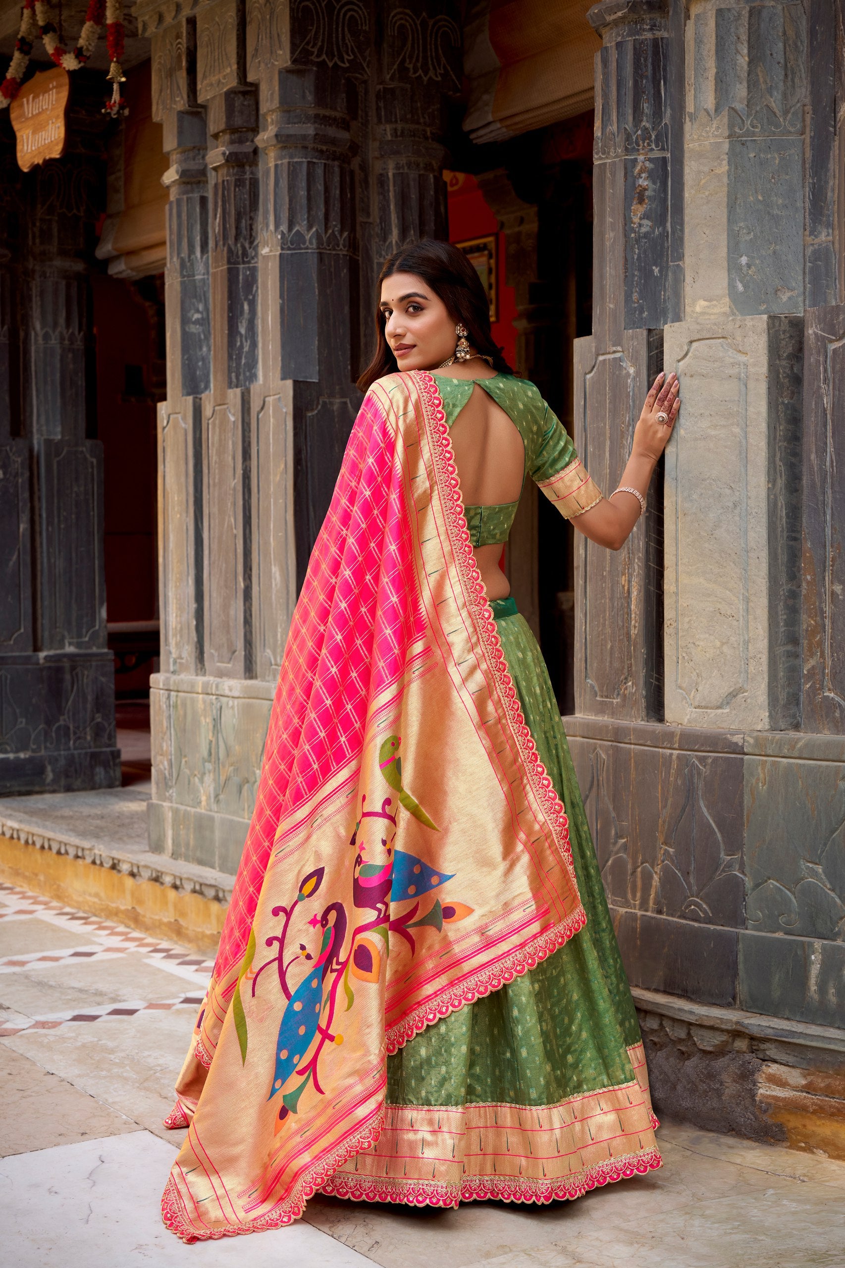 Green Simmer Organza Lehenga Choli with Zari Weaving & Lace Border – Designer Wedding & Festive Wear Lehenga