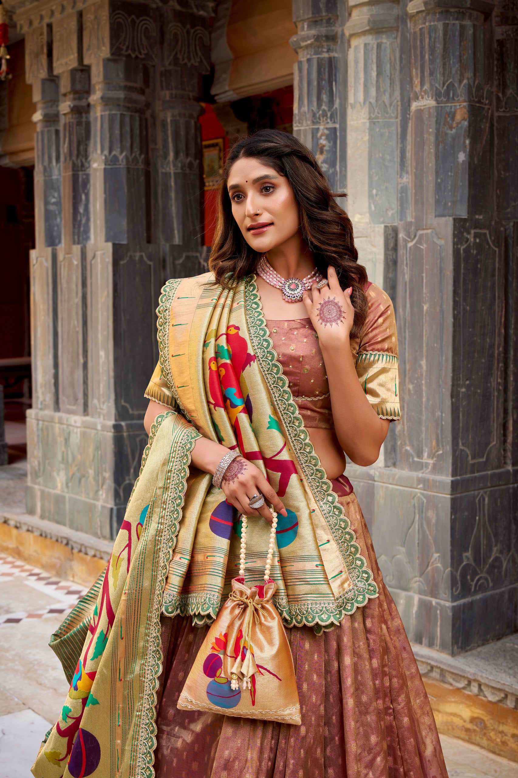 Brown Simmer Organza Lehenga Choli with Zari Weaving & Lace Border – Designer Wedding & Festive Wear Lehenga