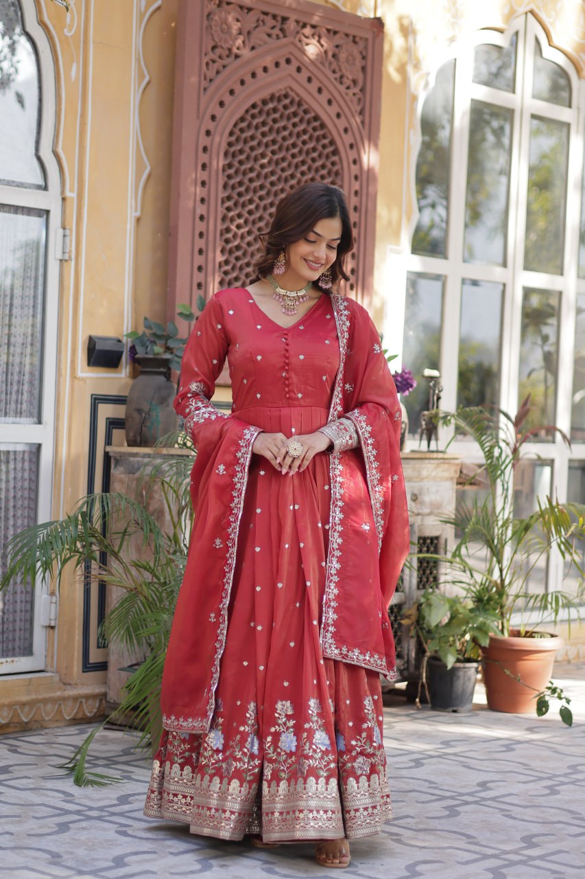 Pink Viscose Cosmos With Foil Embroidery Zari Sequins Work Gown