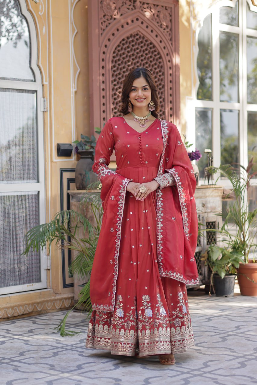 Pink Viscose Cosmos With Foil Embroidery Zari Sequins Work Gown