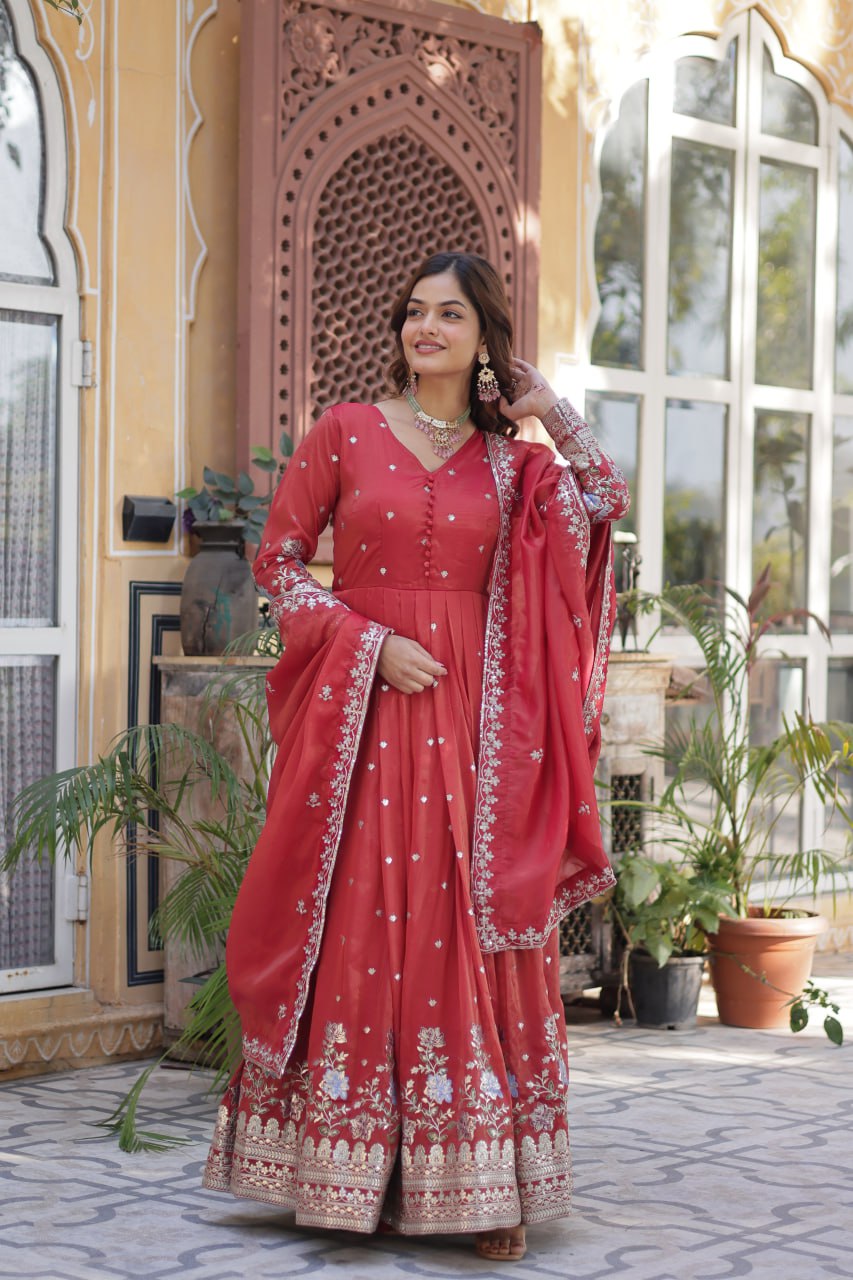 Pink Viscose Cosmos With Foil Embroidery Zari Sequins Work Gown