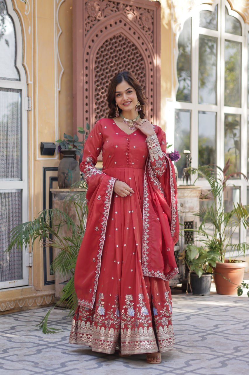 Pink Viscose Cosmos With Foil Embroidery Zari Sequins Work Gown
