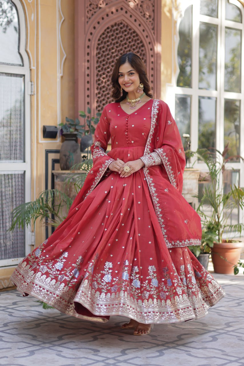 Pink Viscose Cosmos With Foil Embroidery Zari Sequins Work Gown