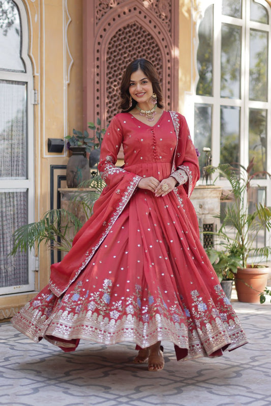 Pink Viscose Cosmos With Foil Embroidery Zari Sequins Work Gown
