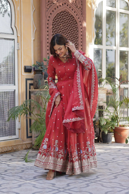 Pink Viscose Cosmos With Foil Embroidery Zari Sequins Work Gown