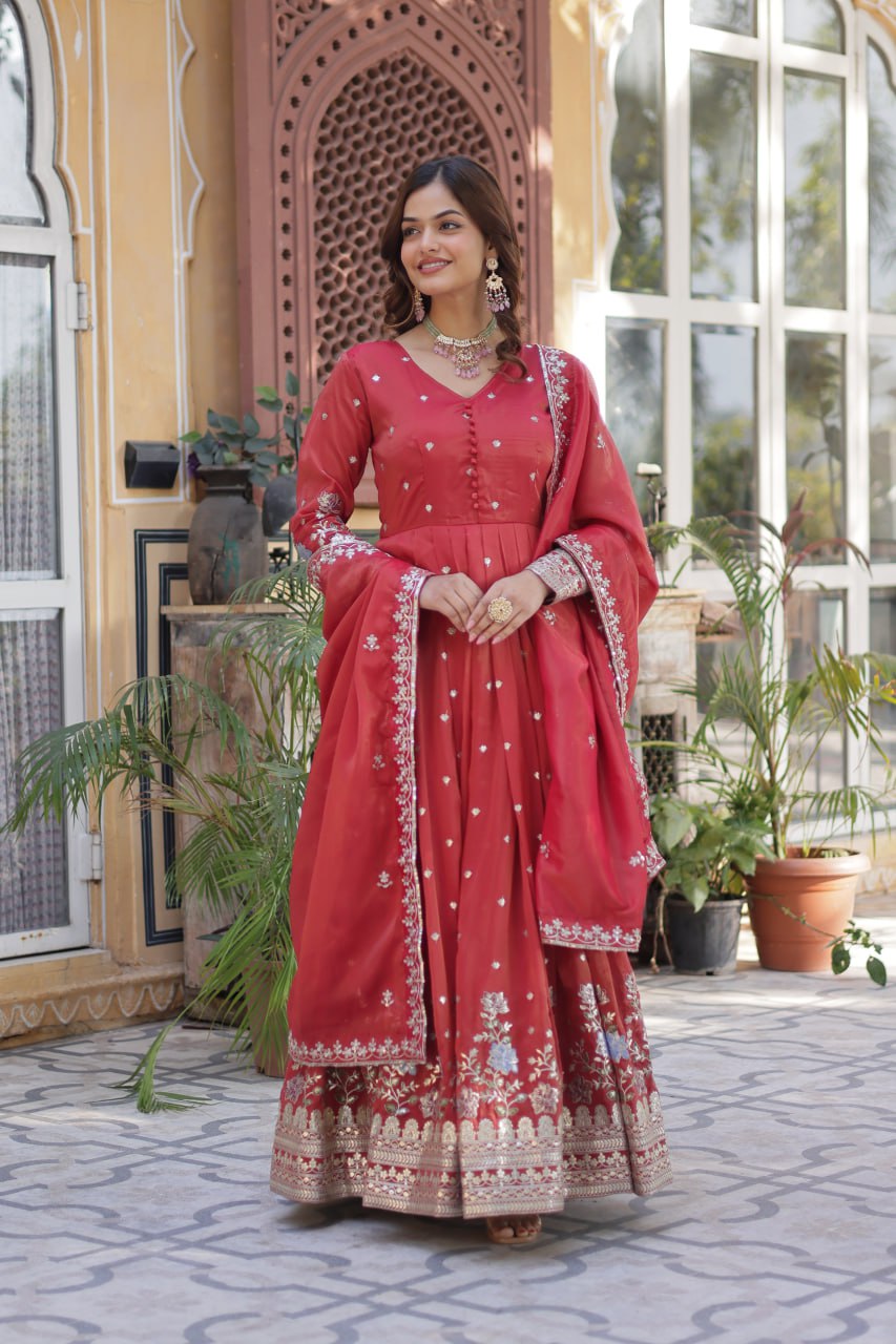 Pink Viscose Cosmos With Foil Embroidery Zari Sequins Work Gown