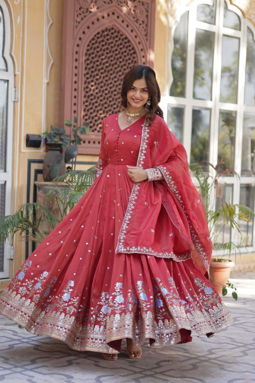 Pink Viscose Cosmos With Foil Embroidery Zari Sequins Work Gown
