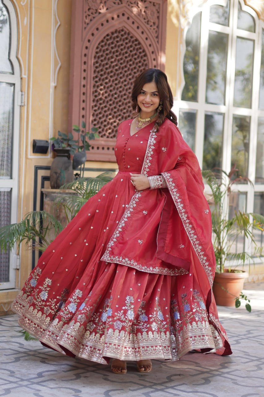 Pink Viscose Cosmos With Foil Embroidery Zari Sequins Work Gown