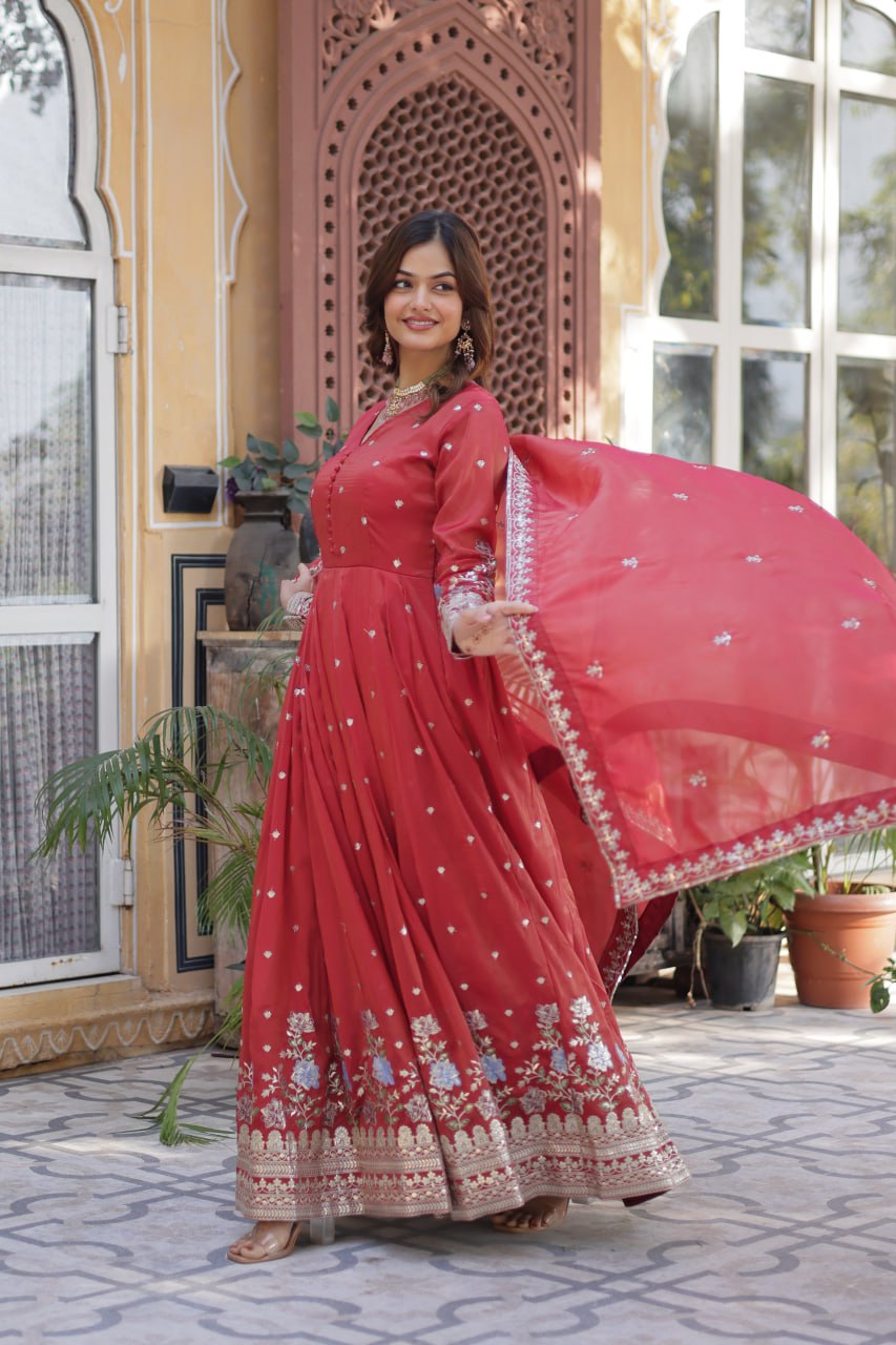 Pink Viscose Cosmos With Foil Embroidery Zari Sequins Work Gown