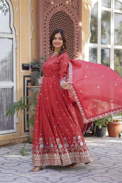 Pink Viscose Cosmos With Foil Embroidery Zari Sequins Work Gown