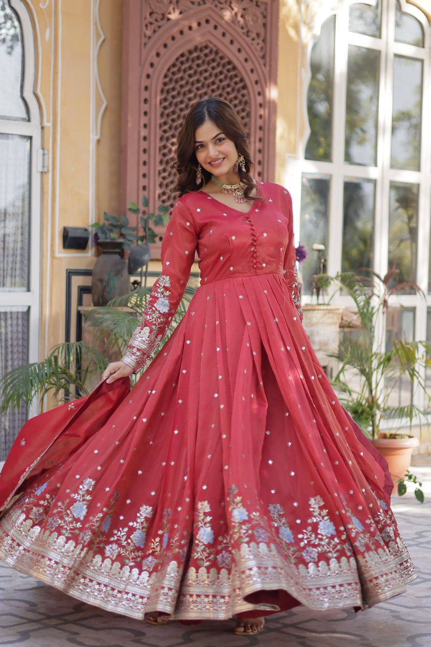 Pink Viscose Cosmos With Foil Embroidery Zari Sequins Work Gown