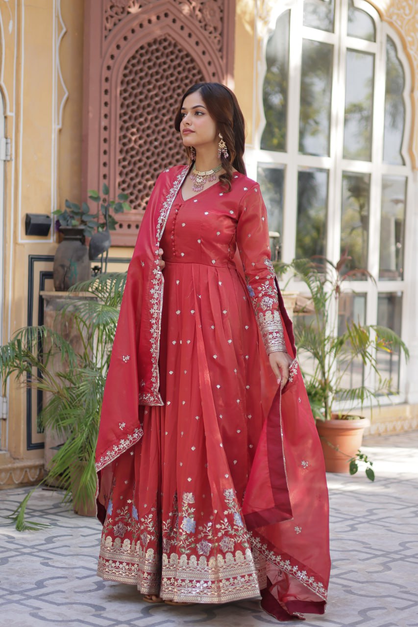 Pink Viscose Cosmos With Foil Embroidery Zari Sequins Work Gown