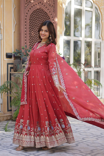 Pink Viscose Cosmos With Foil Embroidery Zari Sequins Work Gown