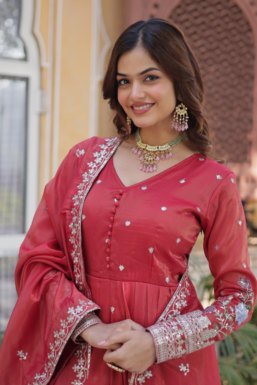 Pink Viscose Cosmos With Foil Embroidery Zari Sequins Work Gown