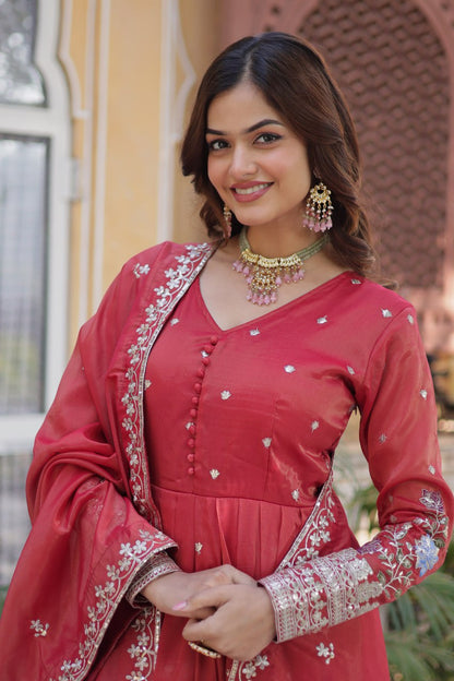 Pink Viscose Cosmos With Foil Embroidery Zari Sequins Work Gown