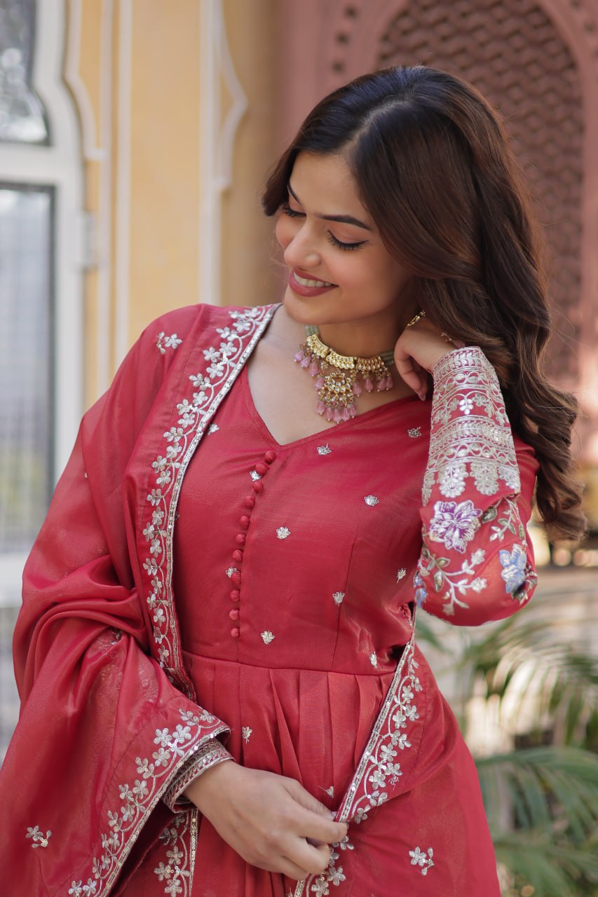 Pink Viscose Cosmos With Foil Embroidery Zari Sequins Work Gown