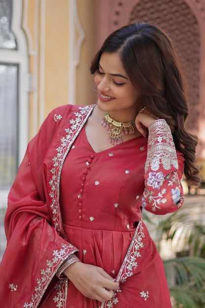 Pink Viscose Cosmos With Foil Embroidery Zari Sequins Work Gown