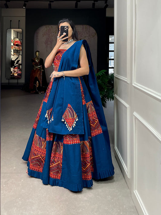 Blue White Pink Pure Cotton Plain And Printed With Foil Work Fully Stitched Navratri Lehenga Choli
