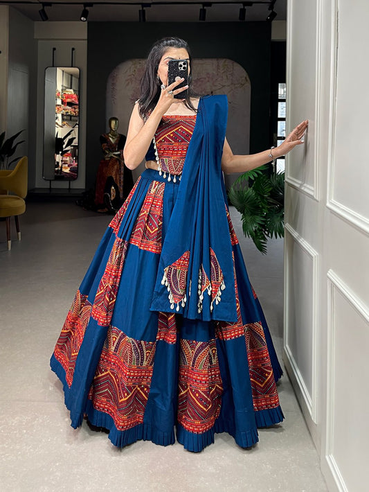 Blue White Pink Pure Cotton Plain And Printed With Foil Work Fully Stitched Navratri Lehenga Choli