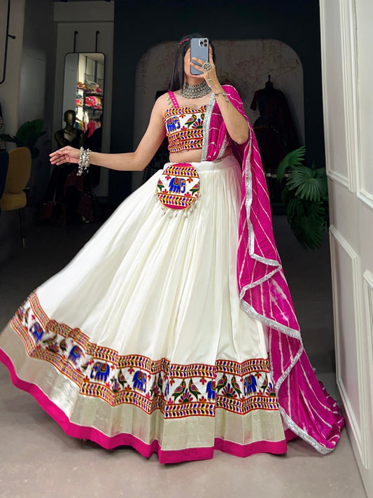 White Pink Pure Rayon Plain With Gamthi Work Lace Border Fully Stitched Navratri Lehenga Choli